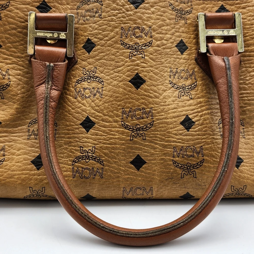 MCM Cognac Brown Monogram Satchel with Gold Hardware